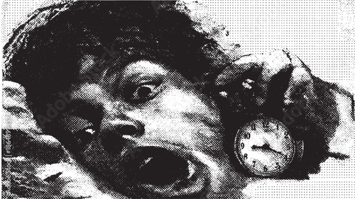 Shocked man with alarm clock. Simple black and white vector illustration of surprise and urgency in a graphic style.