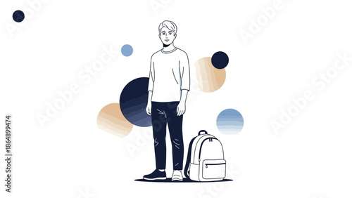 Minimalist Illustration of a Young Man with Backpack and Geometric Background Elements