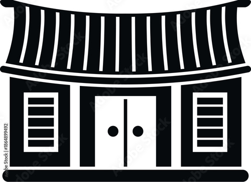 Traditional asian building exterior silhouette on white background