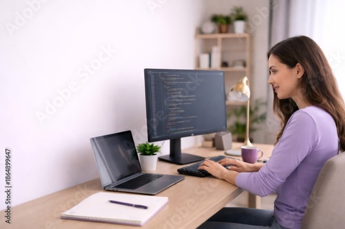 Woman programmer coding working remote from home office