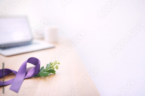 Purple ribbon with green sprig on desk celebrating women's day