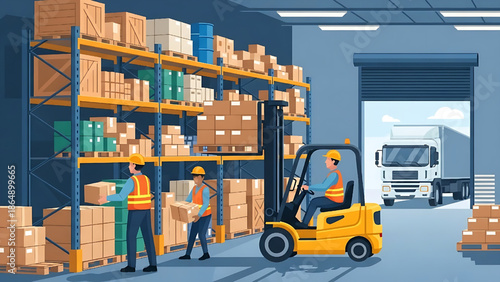 Warehouse logistics and storage with forklift and workers moving boxes