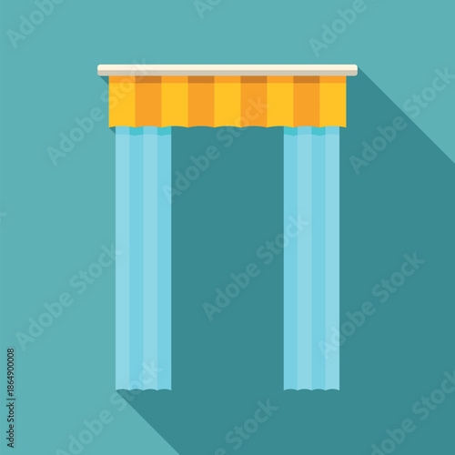 Blue curtain and striped yellow valance hanging on a window frame