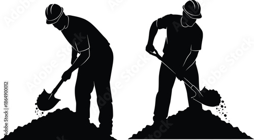 Construction workers silhouettes digging soil with shovels, manual labor excavation concept isolated black vector illustration on white background industry work