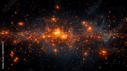 Abstract futuristic data galaxy background with dense glowing orange energy particles scattered across a dark space forming dynamic digital clusters, artificial intelligence and big data visualization