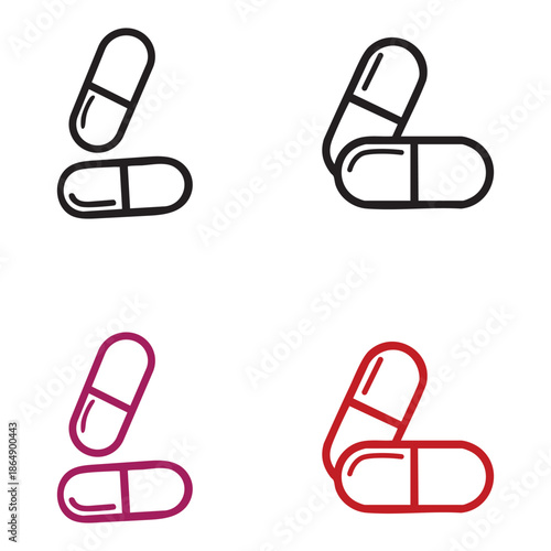 Four colorful pill capsules in a simple outline silhouette