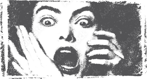 Illustration of a screaming face with intense expression. Black and white vector graphic design featuring high contrast texture. Modern artwork set.