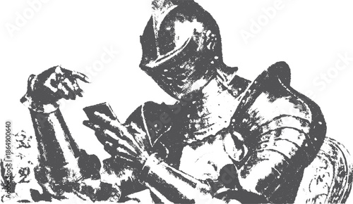 Knight in armor holding a sword. A vintage monochrome illustration showcasing a historical figure with strong lines in a vector format.