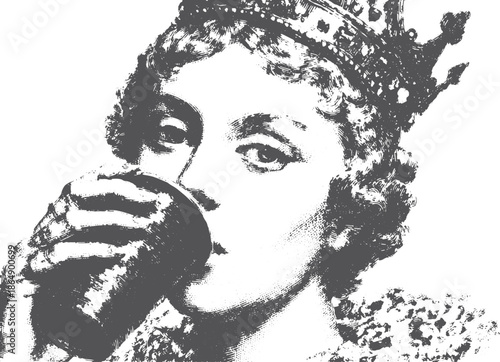Queen portrait holding a drink. Black and white vector illustration showcasing elegance and culture in a simplistic artistic style.
