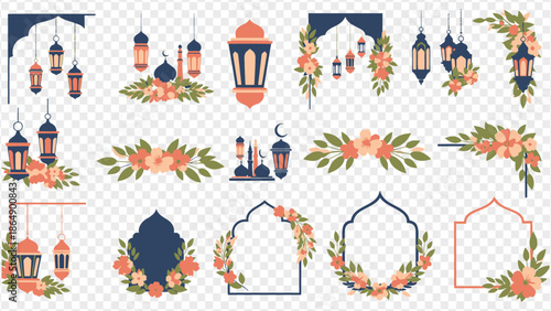 Ramadan lanterns and floral wreaths isolated on transparent background