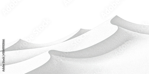 Minimalist illustration featuring grey and white rolling dunes in a stippled texture