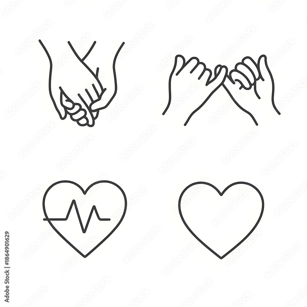 Obraz premium Conceptual Love Line Icons with Hand Holding, Pinky Promise, Heartbeat EKG, and Solid Heart for Loyalty and Relationship Themes