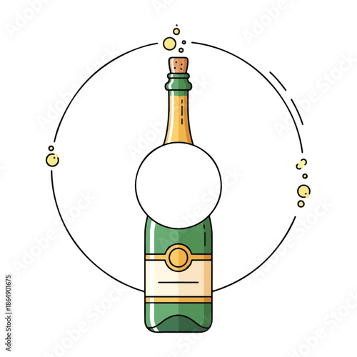 Illustrated champagne bottle with celebratory circles and bubbles motif.