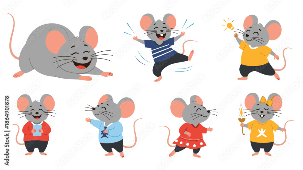 Fototapeta premium Set of various cute cartoon mice characters in different poses and outfits like dancing playing and holding a candle.