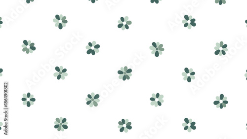Minimalist seamless pattern with small simple green and teal flowers evenly spaced on a clean white background for fabric.