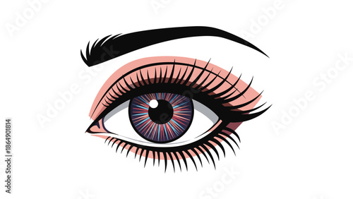 Detailed illustration of a beautiful female eye with long dark eyelashes shaped eyebrow and colorful iris on white background.