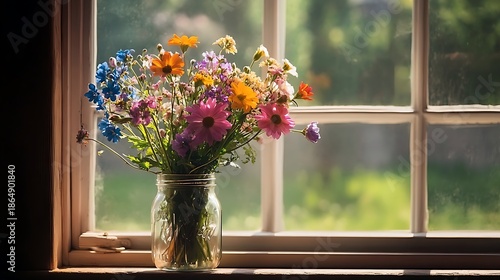 A vibrant bouquet of wildflowers arranged in a mason jar on a windowsill 