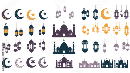 Islamic ramadan lanterns and mosque silhouettes on white