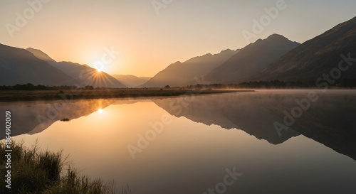 Wallpaper Mural Serene mountain lake at sunrise with misty reflections Torontodigital.ca