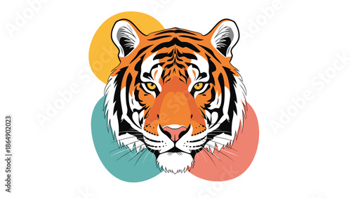Powerful illustration of a tiger head with intense eyes over a background of colorful abstract circles for poster art.