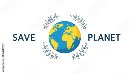 Minimalist environmental graphic showing the world globe with a leaf wreath and save planet text on a white background.