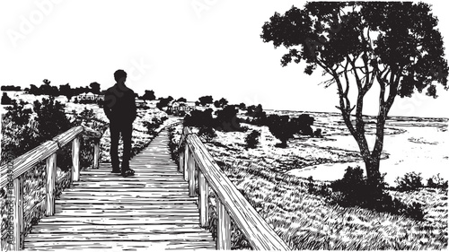 Silhouette on a wooden path in nature. Black and white vector illustration featuring trees and an expansive horizon view.