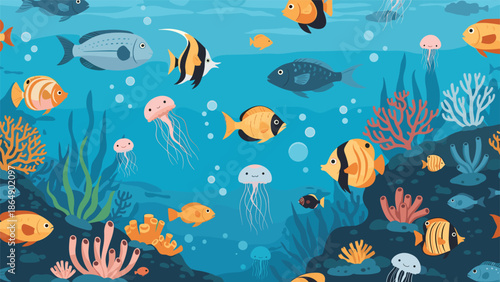 Vibrant underwater seamless pattern featuring a diverse range of tropical fish jellyfish and colorful coral reefs in the ocean.