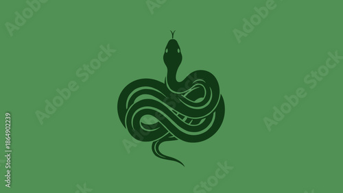 Stylized Dark Green Serpent Coiled Intricately on Light Green Background.