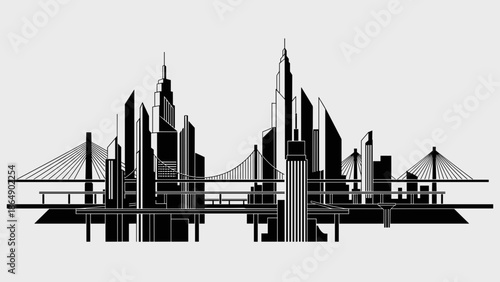 Modern City Skyline with Bridges and Skyscrapers Silhouette.
