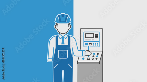Industrial worker operating control panel with digital interface.