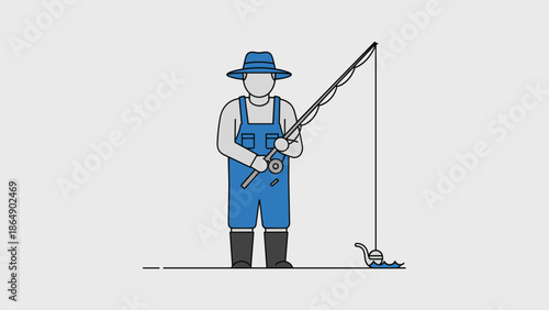 Fisherman in Overalls and Hat Holding Fishing Rod.