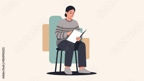 Young woman sitting on a chair with a notebook and smartphone in casual setting