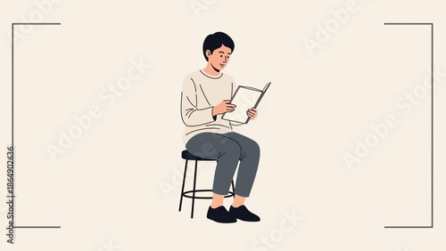 Young woman sitting on a stool reading a book in a minimalistic style illustration