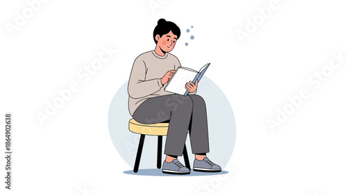 Young woman sitting on a stool reading a book with a relaxed and focused demeanor in a