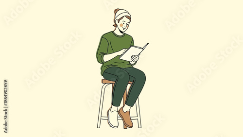 Young woman sitting on a stool reading a book with a serene expression on a plain beige background