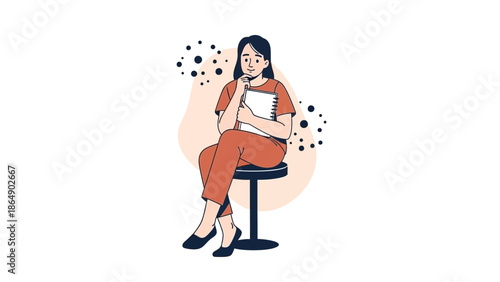 Young woman sitting on a stool with notebook in hand contemplating and visualizing ideas
