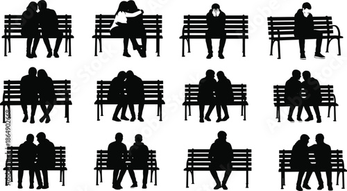 Couples silhouette set sitting on park bench, romantic love moments collection, relationship emotions concept, black white vector illustration isolated