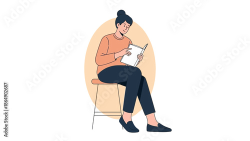 Young woman sitting on chair reading a book in a minimalistic illustration style