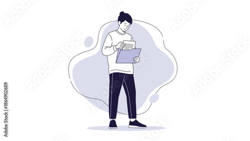 Young woman standing and reading a book in a minimalist illustration style