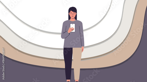 Young woman standing and taking a selfie in front of abstract curved background design