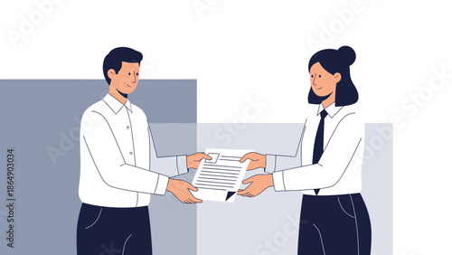 Professional Business Meeting with Document Exchange Between Colleagues in Office Setting