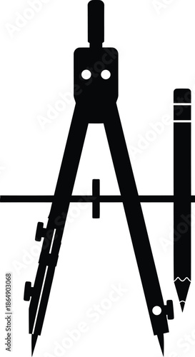 Black silhouette vector illustration of a tripod, business compass, and engineering drawing equipment symbol for construction design concept