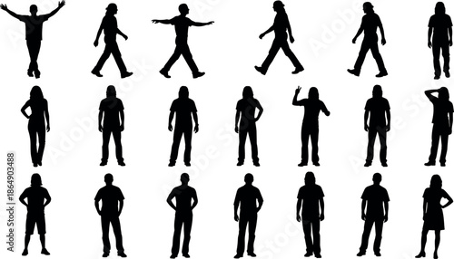 Black silhouettes of diverse men and women in casual poses walking standing and gesturing isolated on a white background vector