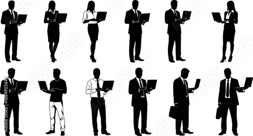 Business People Silhouettes Holding Laptops and Working in Suits Set for Professional Corporate Digital Communication and Modern Office Technology Concepts