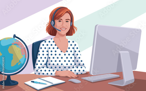 Woman working remotely at a desk with a computer and globe in a modern office environment