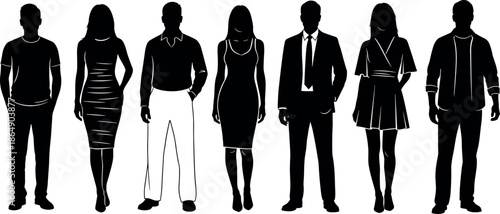 Diverse group of men and women silhouettes standing in various professional business formal and casual fashion clothing outfits for icons