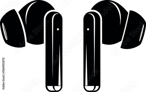 Black and white vector illustration of wireless earbuds with silicone tips and stems isolated on a clean white background background