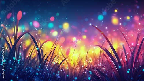 A vibrant field with glowing grass blades and sparkling dew drops 