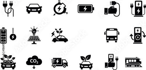 Electric vehicle icons set with charging station battery power renewable energy solar car eco friendly transport sustainability and carbon footprint symbols