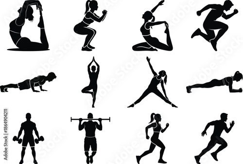 Collection of various yoga and fitness poses in black silhouette